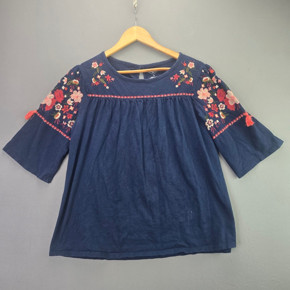 St Johns Bay Blouse Boho Floral Embroidered M Navy Blue Cotton Tassel Top